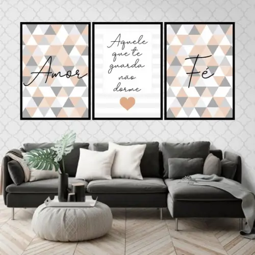 Trio Quadros Digitais - Amor Fé Triângulos Marrom