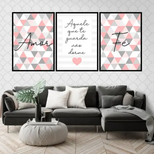 Trio Quadros Digitais - Amor Fé Triângulos Salmon