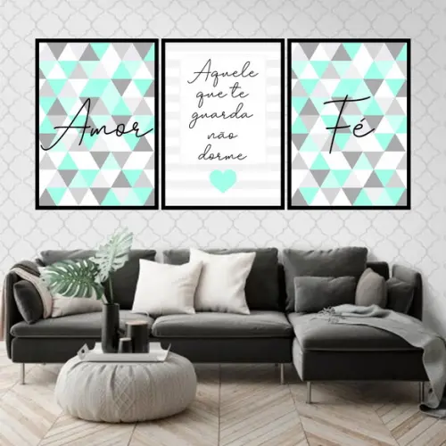 Trio Quadros Digitais - Amor Fé Triângulos Turquesa