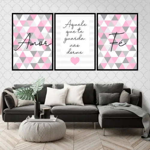 Trio Quadros Digitais - Amor Fé Triângulos Rosa