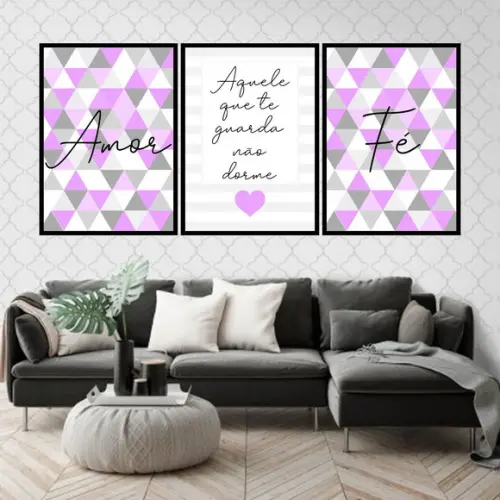 Trio Quadros Digitais - Amor Fé Triângulos Lilás