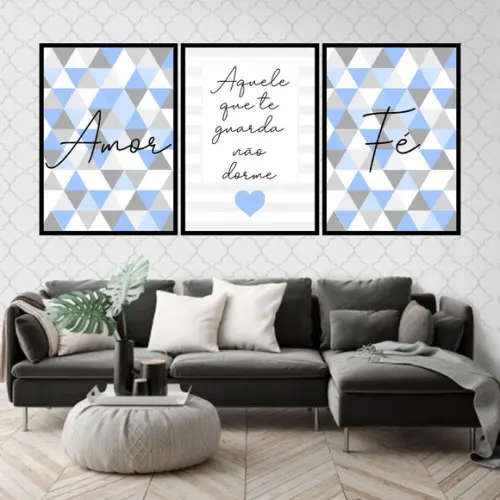 Trio Quadros Digitais - Amor Fé Triângulos Azul