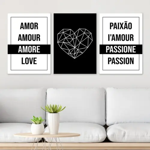 Trio Quadros Digitais - Amor Paixão Coração