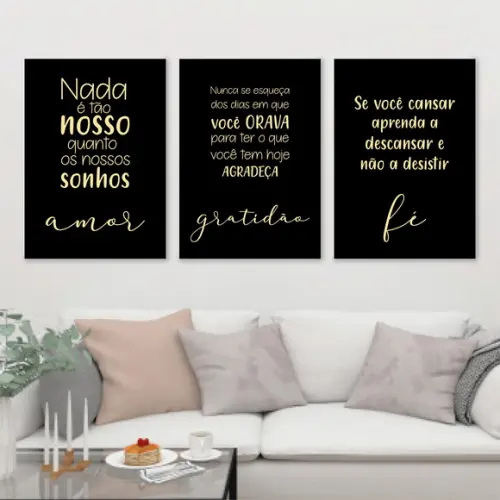 Trio Quadros Digitais - Amor Gratidão Fé Preto Frases