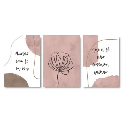 Trio Quadros Digitais - Andar com Fé Eu Vou - Flor Rosa