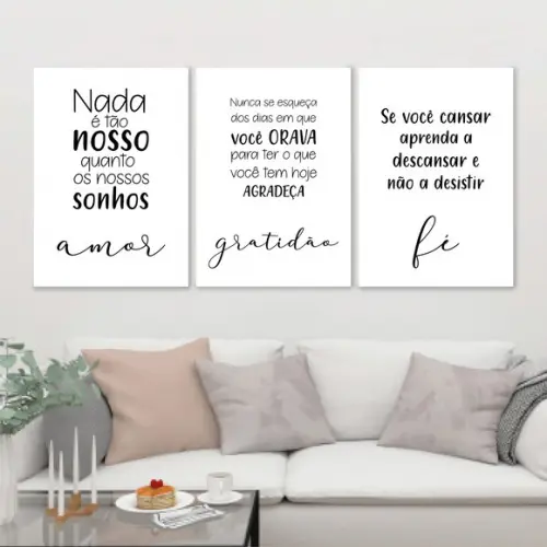 Trio Quadros Digitais - Amor Gratidão Fé Branco Frases