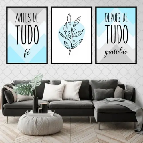 Trio Quadros Digitais - Antes de Tudo Fé Azul e Cinza Folha