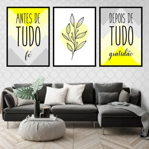 Trio Quadros Digitais - Antes de Tudo Fé Amarelo e Cinza