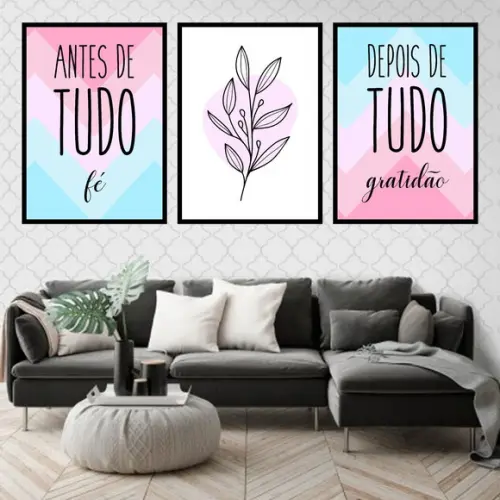 Trio Quadros Digitais - Antes de Tudo Fé Rosa e Azul Folha