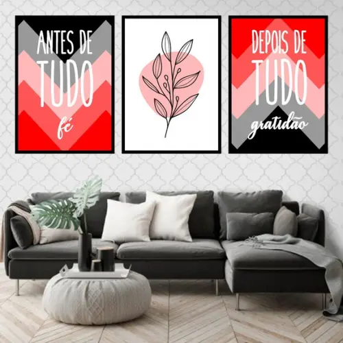 Trio Quadros Digitais - Antes de Tudo Fé Vermelho e Preto