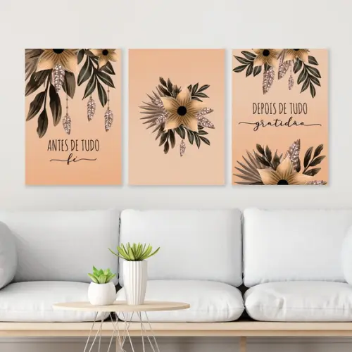 Trio Quadros Digitais - Antes Depois - Fé Gratidão Flores