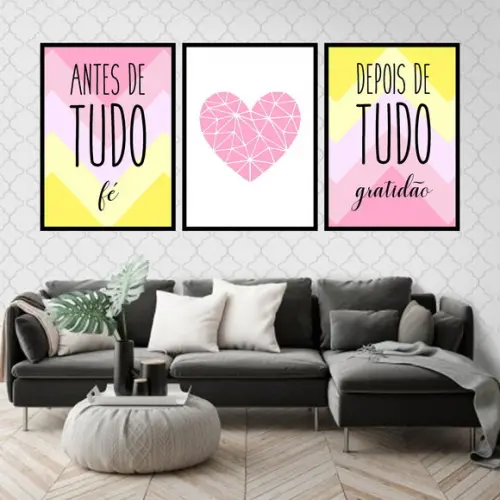 Trio Quadros Digitais - Antes de Tudo Rosa Amarelo Coração