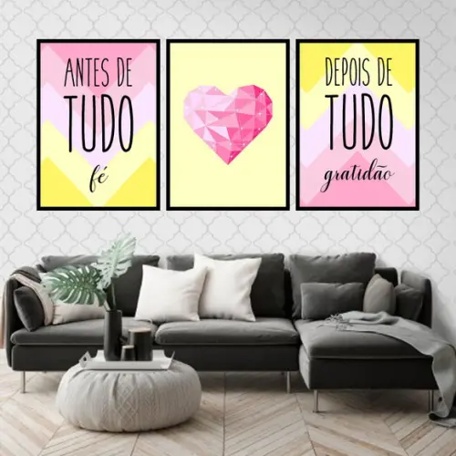 Trio Quadros Digitais - Antes de Tudo Rosa Amarelo Coração