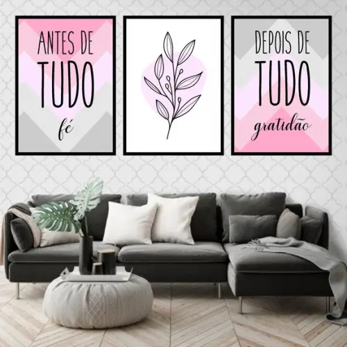 Trio Quadros Digitais - Antes de Tudo Fé Rosa e Cinza Folha