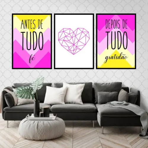 Trio Quadros Digitais - Antes de Tudo Rosa Amarelo Coração
