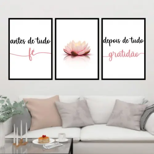 Trio Quadros Digitais - Antes Depois Flor de Lotus Rosa