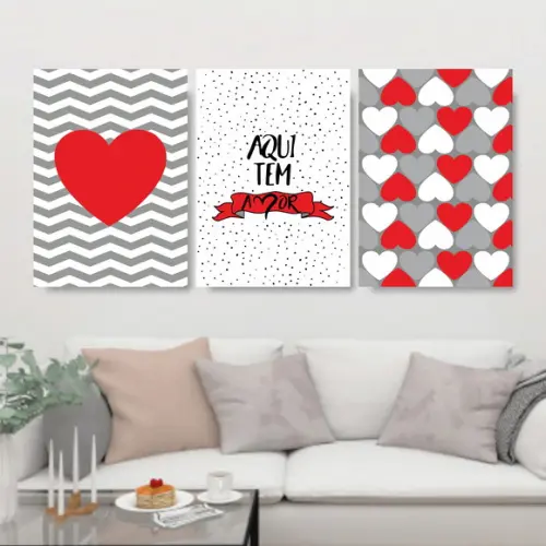 Trio Quadros Digitais - Aqui tem amor coração Vermelho