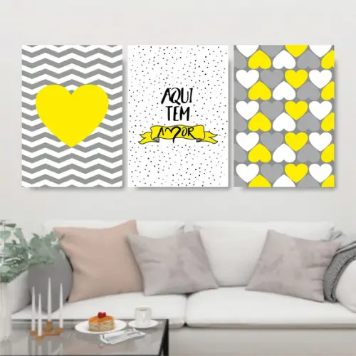 Trio Quadros Digitais - Aqui tem amor coração Amarelo