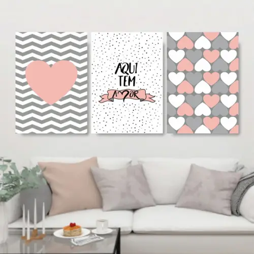 Trio Quadros Digitais - Aqui tem amor coração Rosa