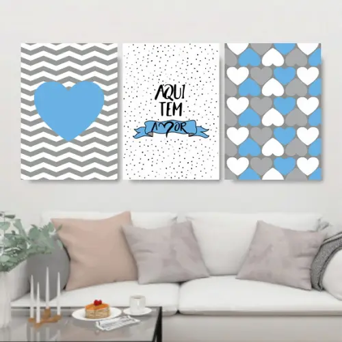 Trio Quadros Digitais - Aqui tem amor coração Azul