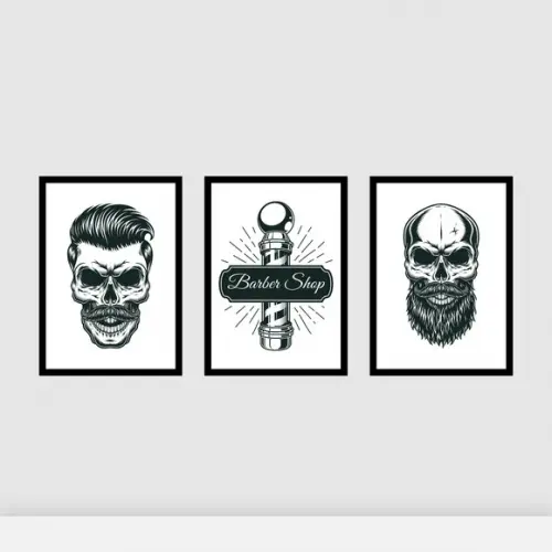 Trio Quadros Digitais - Barber Shop Caveiras
