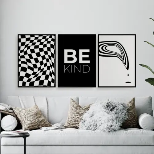 Trio Quadros Digitais - Be Kind Abstrato Preto E Branco