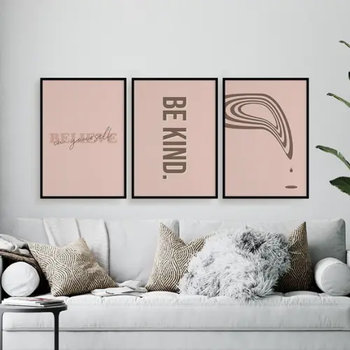 Trio Quadros Digitais - Be Kind Abstrato Rosa E Marrom
