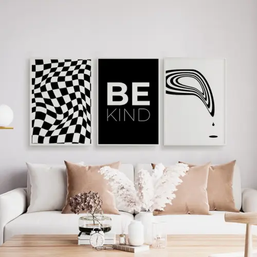 Trio Quadros Digitais - Be Kind Abstrato Preto E Branco