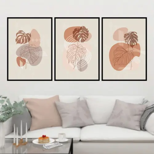 Trio Quadros Digitais - Boho Abstrato Folhas Costela de Adão