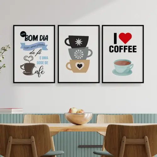 Trio Quadros Digitais - Bom Dia - Xícaras De Café - Azul