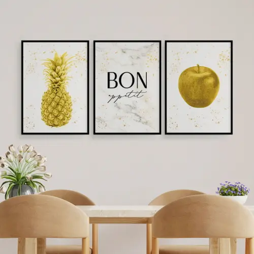 Trio Quadros Digitais - Bon Appetit - Maçã E Abacaxi Dourado