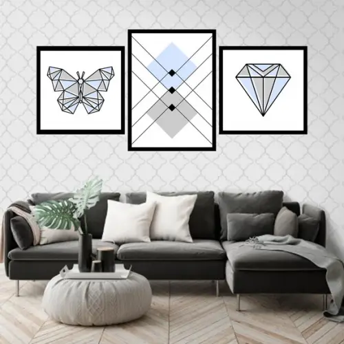 Trio Quadros Digitais - Borboleta Diamante Geométrico