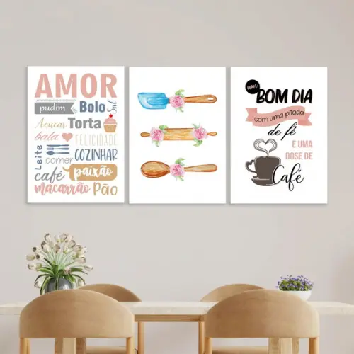 Trio Quadros Digitais - Bom dia fé Café - Utensílios - Amor