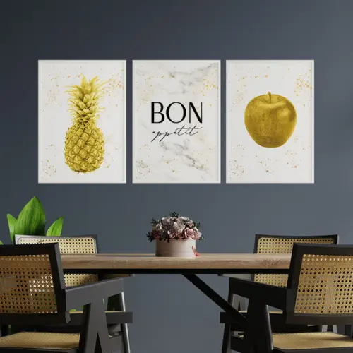 Trio Quadros Digitais - Bon Appetit - Maçã E Abacaxi Dourado