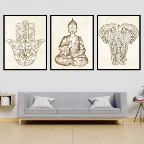 Trio Quadros Digitais - Buda Elefante Hamsa