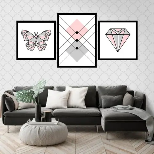 Trio Quadros Digitais - Borboleta Diamante Geométrico