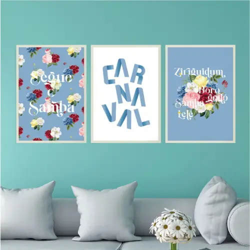 Trio Quadros Digitais - Carnaval com Flores - Azul