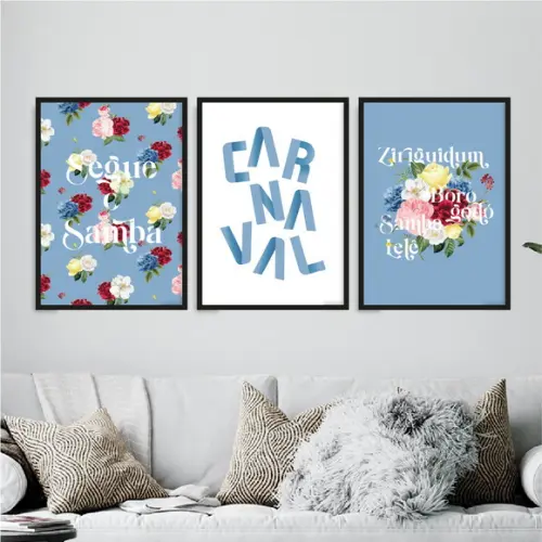 Trio Quadros Digitais - Carnaval com Flores - Azul