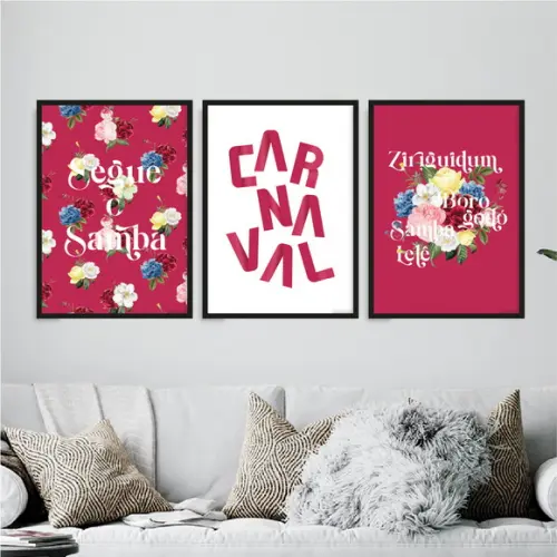 Trio Quadros Digitais - Carnaval com Flores - Magenta