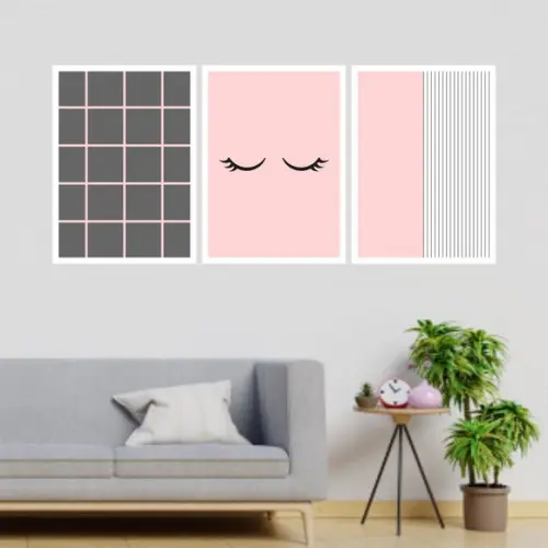 Trio Quadros Digitais - Cílios Gris Listras Rosa