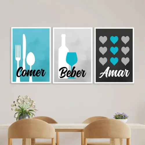 Trio Quadros Digitais - Comer Beber Amar Turquesa