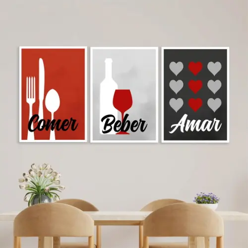 Trio Quadros Digitais - Comer Beber Amar Vermelho
