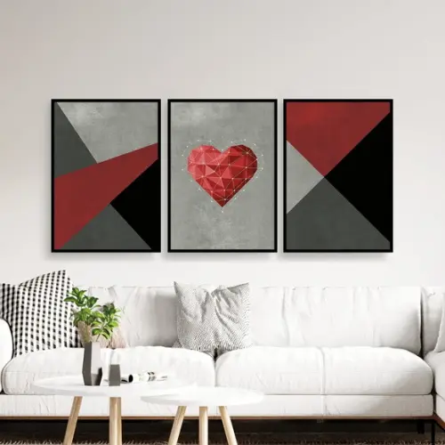 Trio Quadros Digitais - Coração Geométrico - Textura Cinza