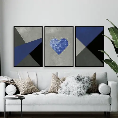 Trio Quadros Digitais - Coração Geométrico - Textura Azul