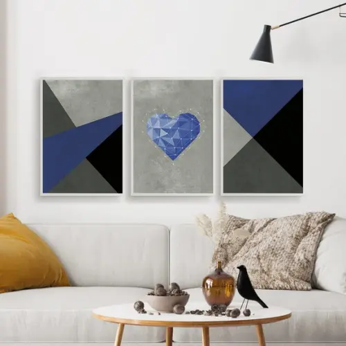 Trio Quadros Digitais - Coração Geométrico - Textura Azul