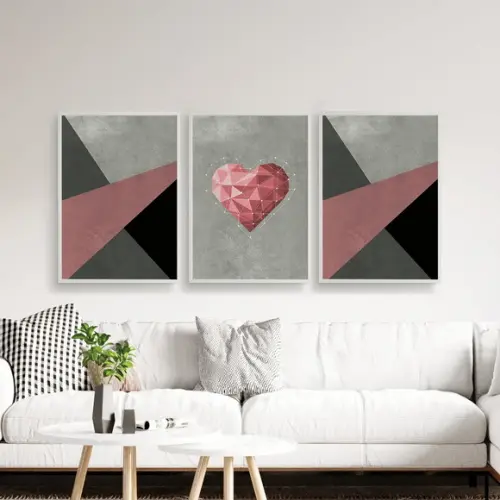Trio Quadros Digitais - Coração Geométrico - Textura Rosa