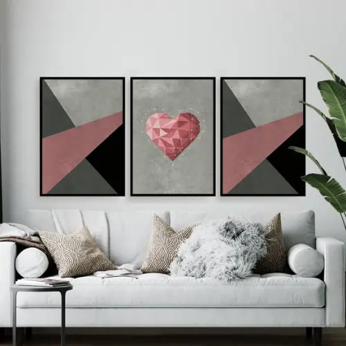 Trio Quadros Digitais - Coração Geométrico - Textura Rosa