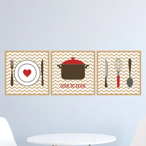 Trio Quadros Digitais - Cozinha Chevron marrom- Love to cook