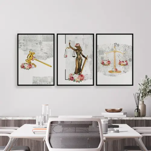 Trio Quadros Digitais - Direito Dourado Com Flores