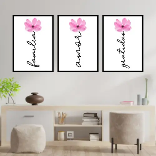Trio Quadros Digitais - Família Amor Gratidão Flor Rosa